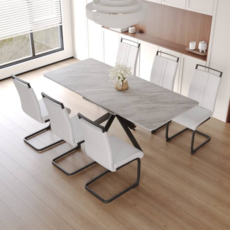 Modern Dining Set with Rectangular Extendable Table & C-shaped Tube Soft Padded Armless Chairs