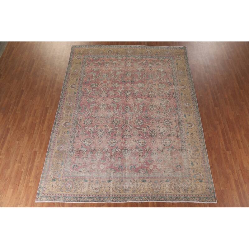 Hand Knotted Oriental 100% Wool Carpet Traditional All-Over Pink Tabriz Area Rug - 12' 8'' X 9' 7''