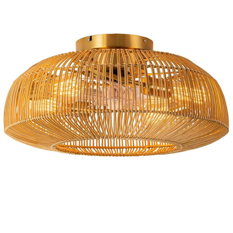 20 in. 4-Light Farmhouse Rustic Handwoven 7-Blade Rattan Cage Semi-Flush Mount Ceiling Fan with Remote - 19.6 in. W x 9.8 in. H