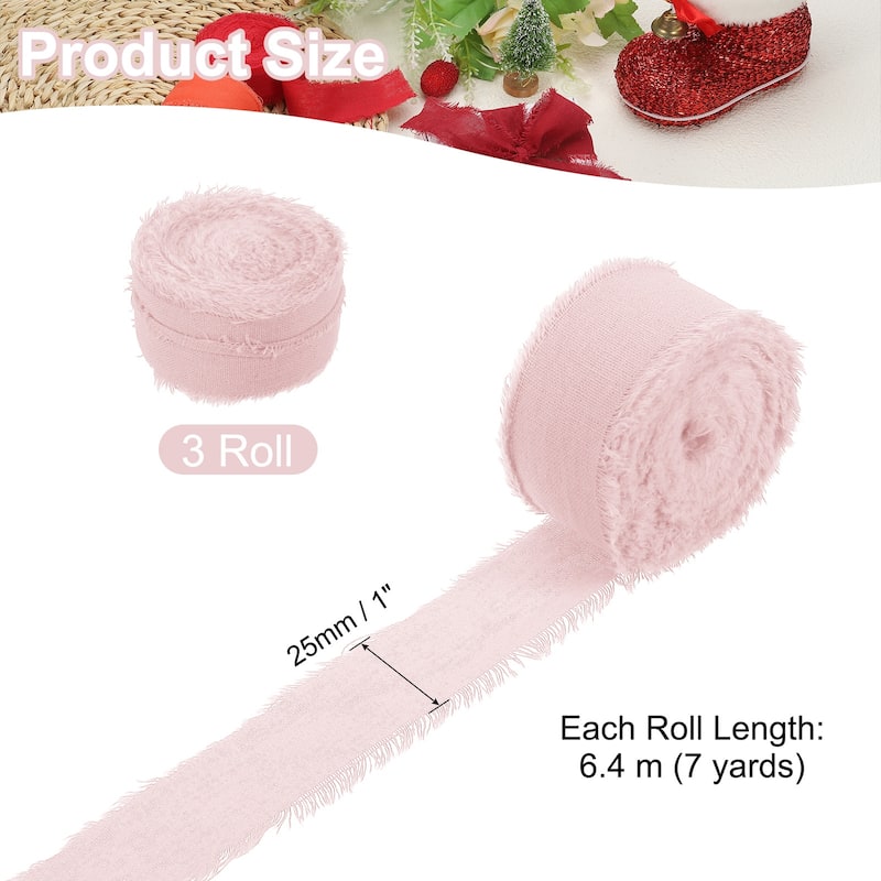 3Roll Cotton Handmade Fringe Ribbon 1"x21Yd Frayed Fringe Ribbons - 7Yd - Pink