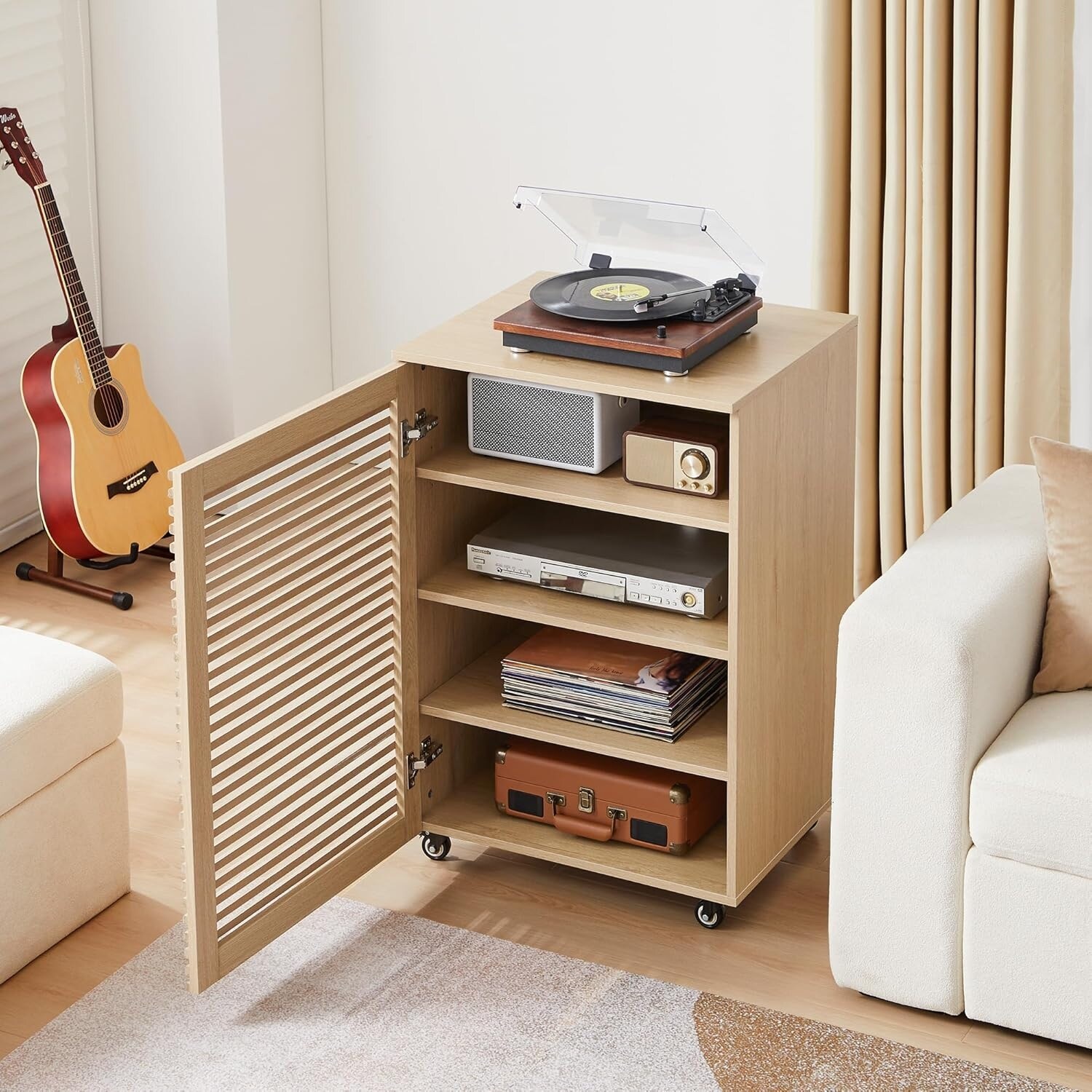 5-Tier Media Cabinet with Grille Door, Adjustable Shelves & Wheels