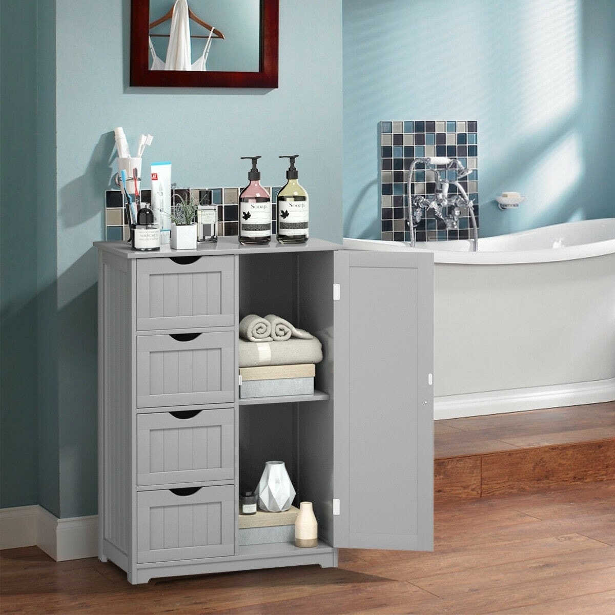Standing indoor wooden cabinet outlet with 4 drawers