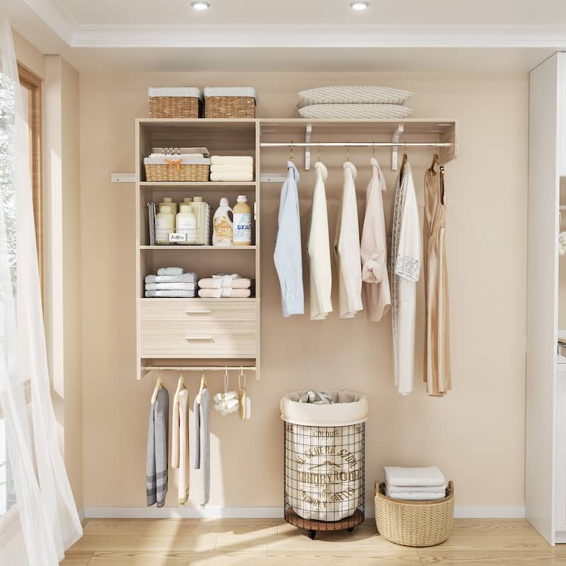 Rackcog Laundry Room Organizer with Drawers, Wall-mounted Closet System with Hanging Rods
