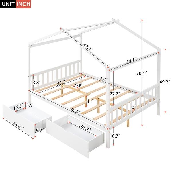 dimension image slide 1 of 2, Full Size House Platform Bed with Two Drawers,Headboard and Footboard,Roof Design