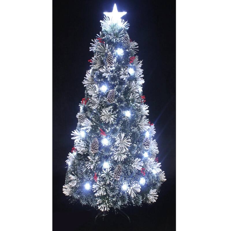 72" White Red Fiber Optic Snow Artificial Christmas Tree Cones Berries - 6 Foot