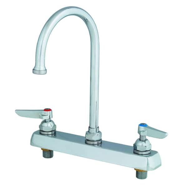 slide 2 of 2, T and S Brass Deck Mounted Workboard Faucet with 8" Centers, 6" Swivel