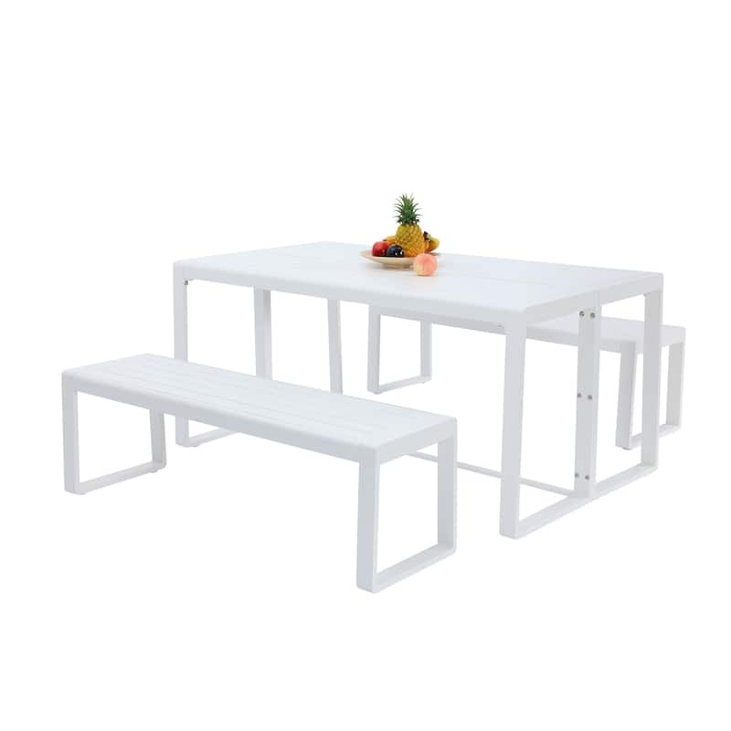 Aoodor 3-Piece Outdoor Patio Dining Set, Aluminum Furniture Set with 1 Rectangular Picnic Table and 2 Benches - N/A - White
