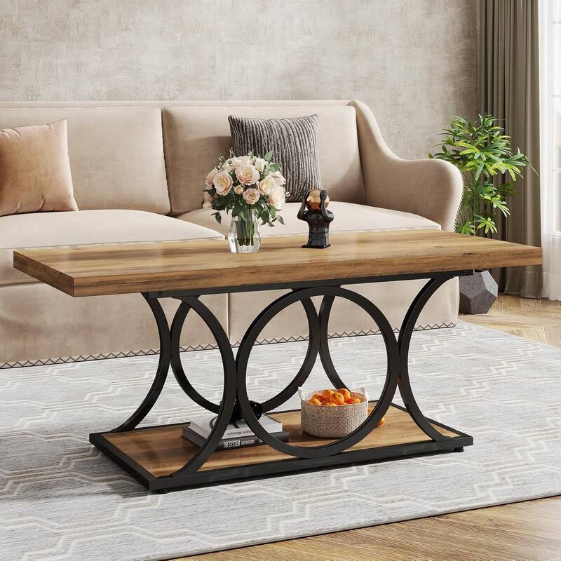 47.24-inch Rectangle Coffee Table for Living Room, 2-Tier Wooden Coffee Table with Geometric Metal Legs - Brown