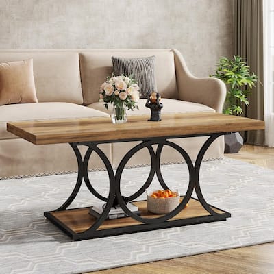 47.24-inch Rectangle Coffee Table for Living Room, 2-Tier Wooden Coffee Table with Geometric Metal Legs