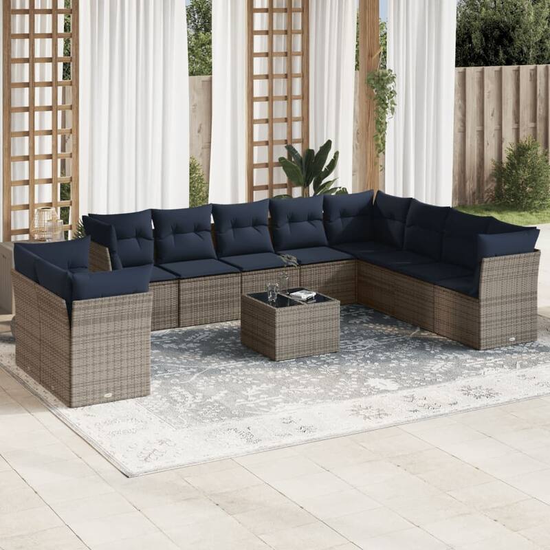 vidaXL 10/11 Piece Patio Sofa Set with Cushions Black/Brown/Gray Poly Rattan - 21.7 x 24.4 x 27.2 - Beige and gray With table