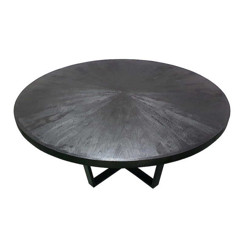 Raj 63 Inch Round Dining Table, Cross Legs Design, Black Acacia Wood, Iron