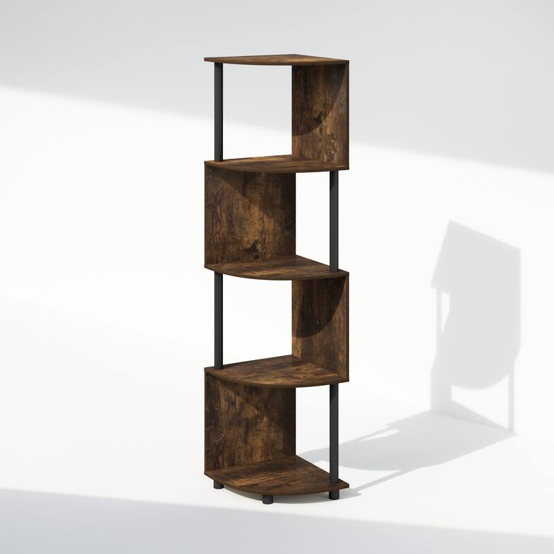 Furinno Basic 4-Tier Zigzag Corner Multipurpose Standing Shelf, Amber Pine/Black - Amber Pine/Black