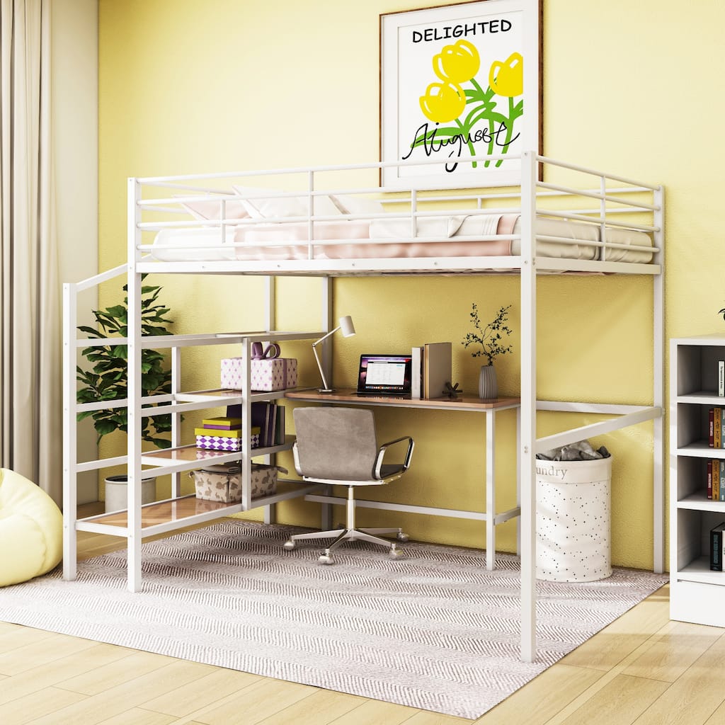 White Full Size Metal Loft Bed with Built-in Desk and Storage Ladder