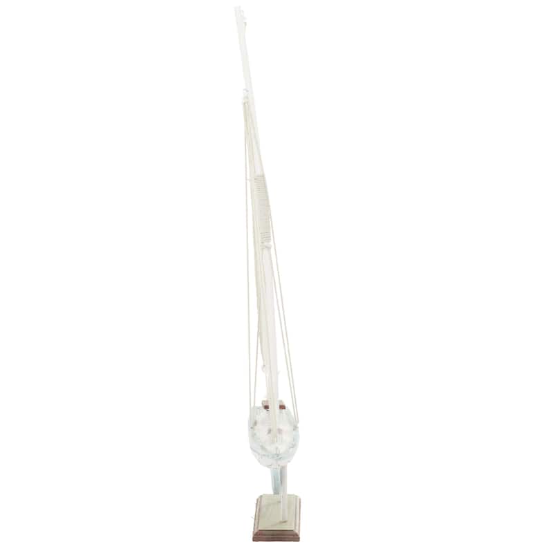 Blue Wood Distressed Sail Boat Decorative Sculpture with Cream Linen Sails and Brown Accents