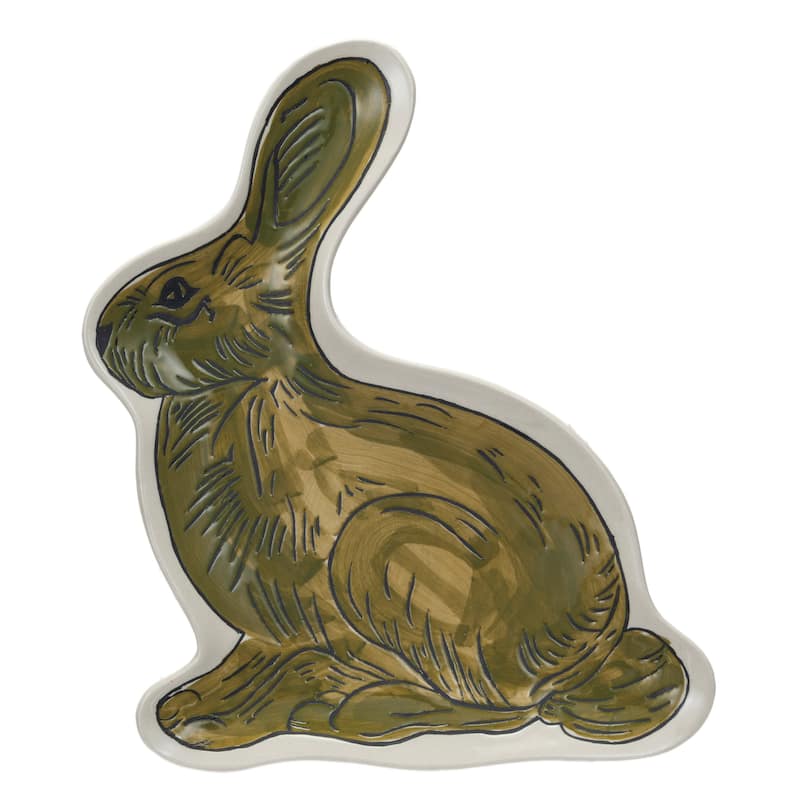 Hand-Painted Stoneware Rabbit Plate - 9.5"L x 7.5"W x 0.8"H - 9.5"L x 7.5"W x 0.8"H - Brown