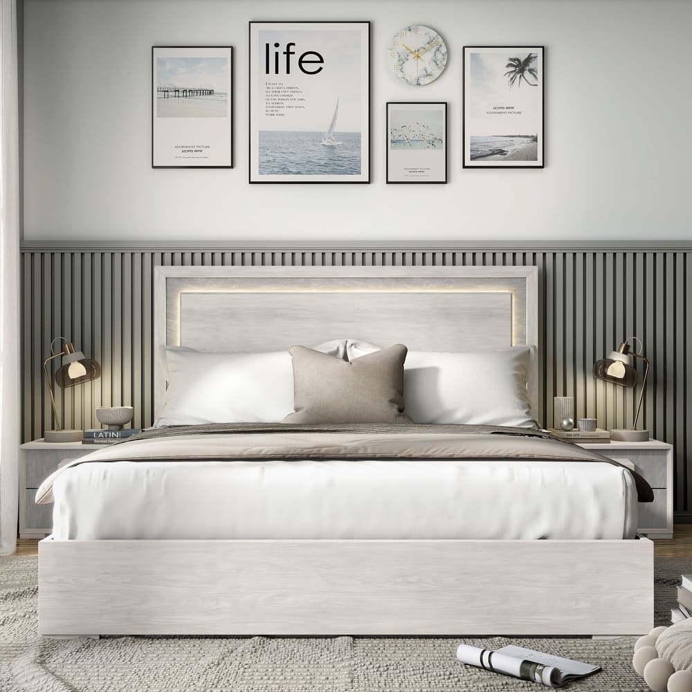 Furniture of America Jonnick Contemporary Washed White Panel Bed with LED Lighting