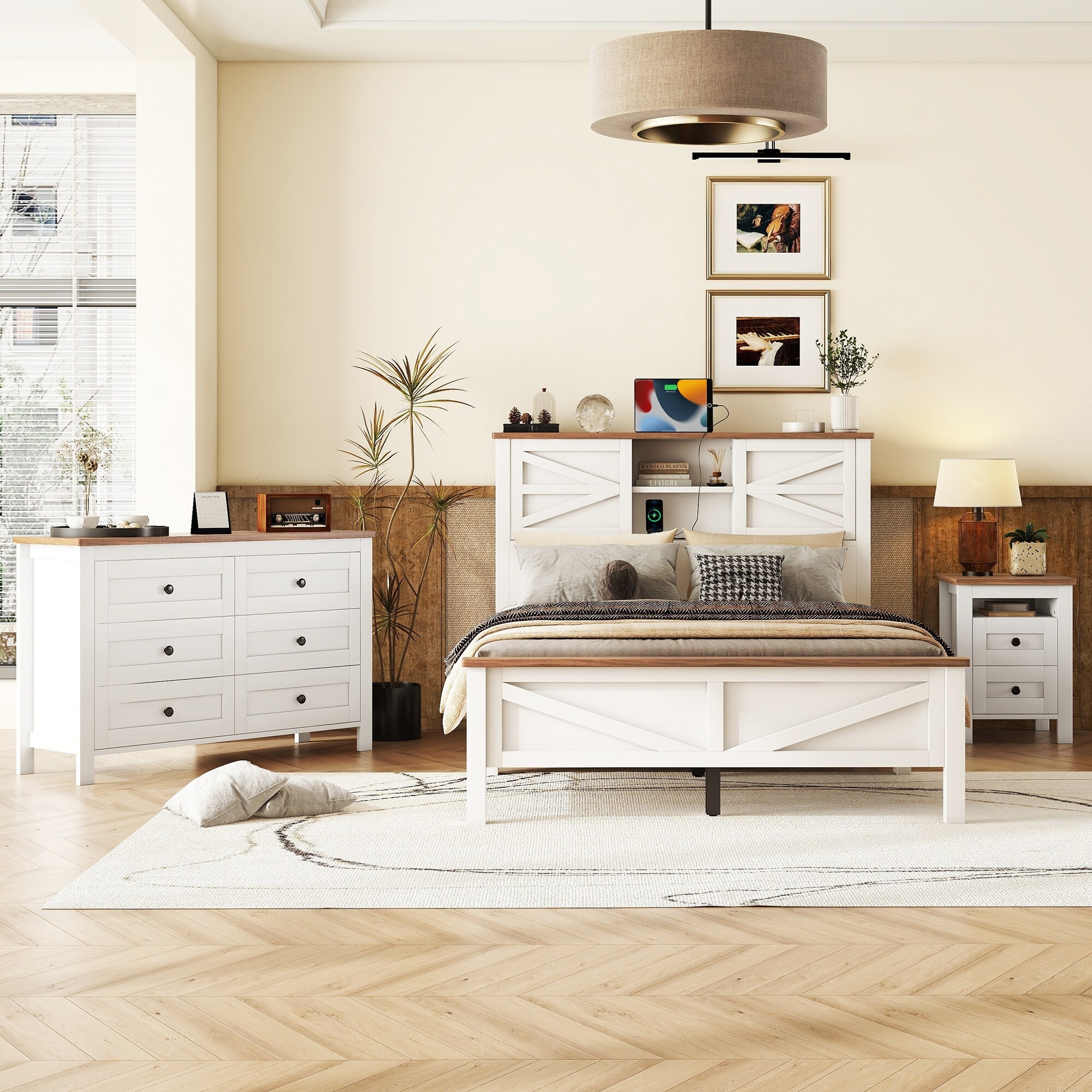 Full Bedroom Set with Farmhouse Bed Nightstand Dresser in White Brown