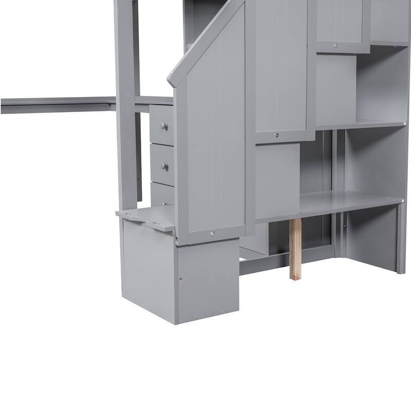 Twin/Full Loft Bed with L-Shaped Desk and Storage Staircase, Multi-Functional Solid Wood Loft Bed Frame with Drawers & Bookcase