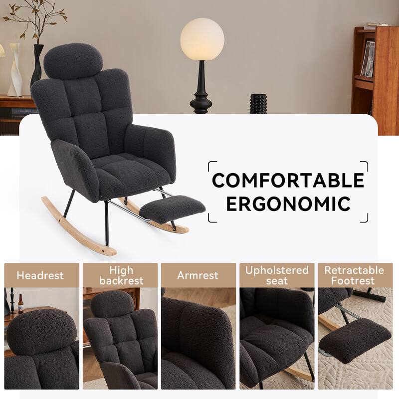 Teddy Fabric Upholstered Rocking Chair with Pillow and Footrest