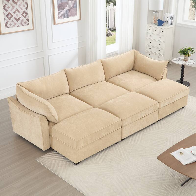 3-Seat Modular Sectiona Sleeper Sofa with Pull out Drawer Under Each Seat & 3 Movable Storage Ottomans - Wheat