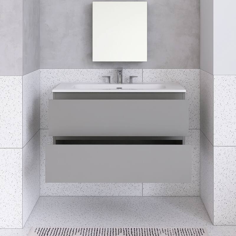 Floating Integrated Bathroom Vanity with Ceramic Sink, Three Faucet Holes