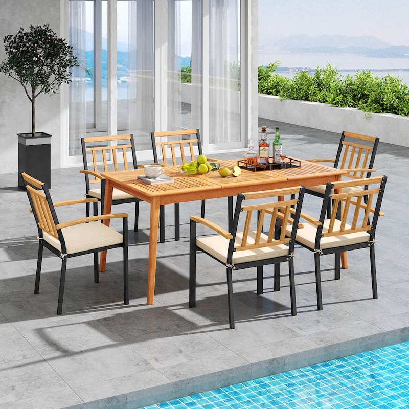 Costway 7 PCS Patio Acacia Wood Dining Set with Soft Seat Cushions