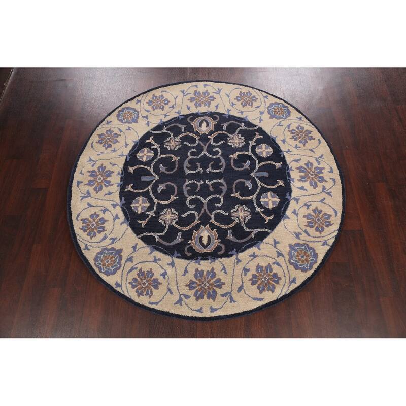 Floral Traditional Oriental Office Area Rug Hand-tufted Wool Carpet - 6'0" x 6'0" Round