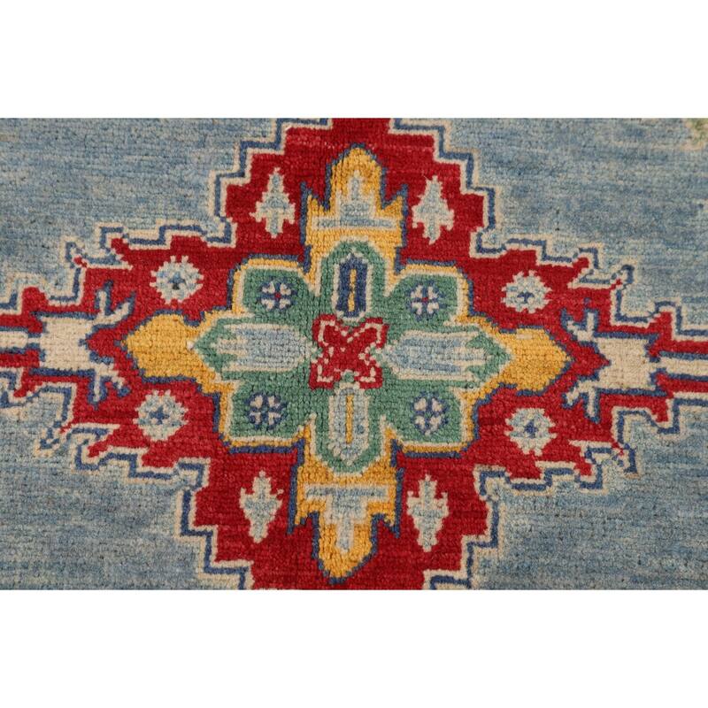 Light Blue Geometric Kazak Accent Rug Handmade Wool Carpet - 3'4" x 4'9"