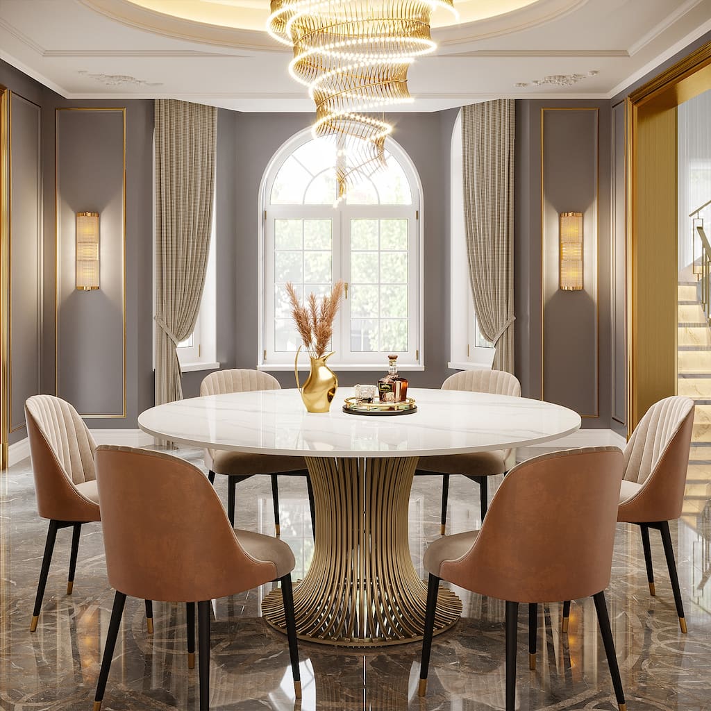 59" Luxury Round Sintered Stone Dining Table with Gold Pedestal for 6-8 People - 59"D*29"H