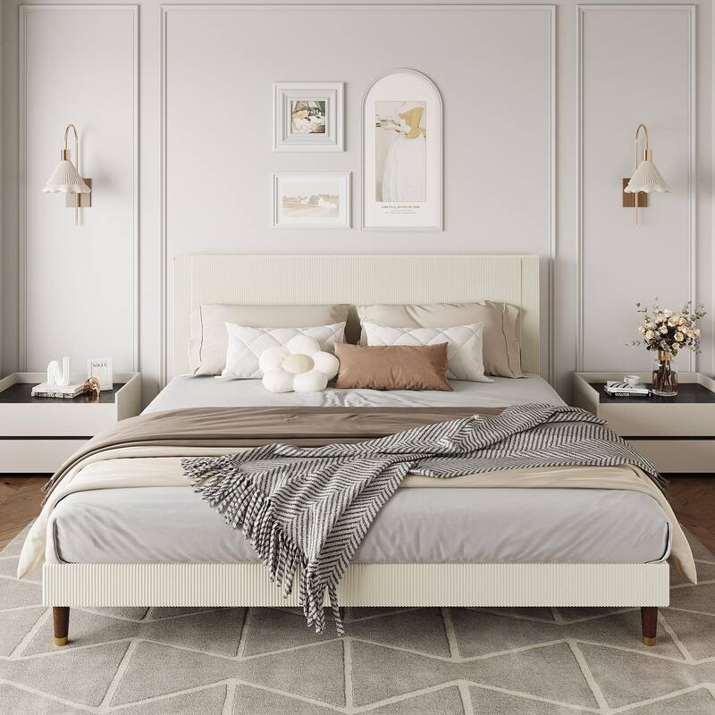 Upholstered Platform Bed Frame, Fabric Headboard and Wooden Slats - Beige - King
