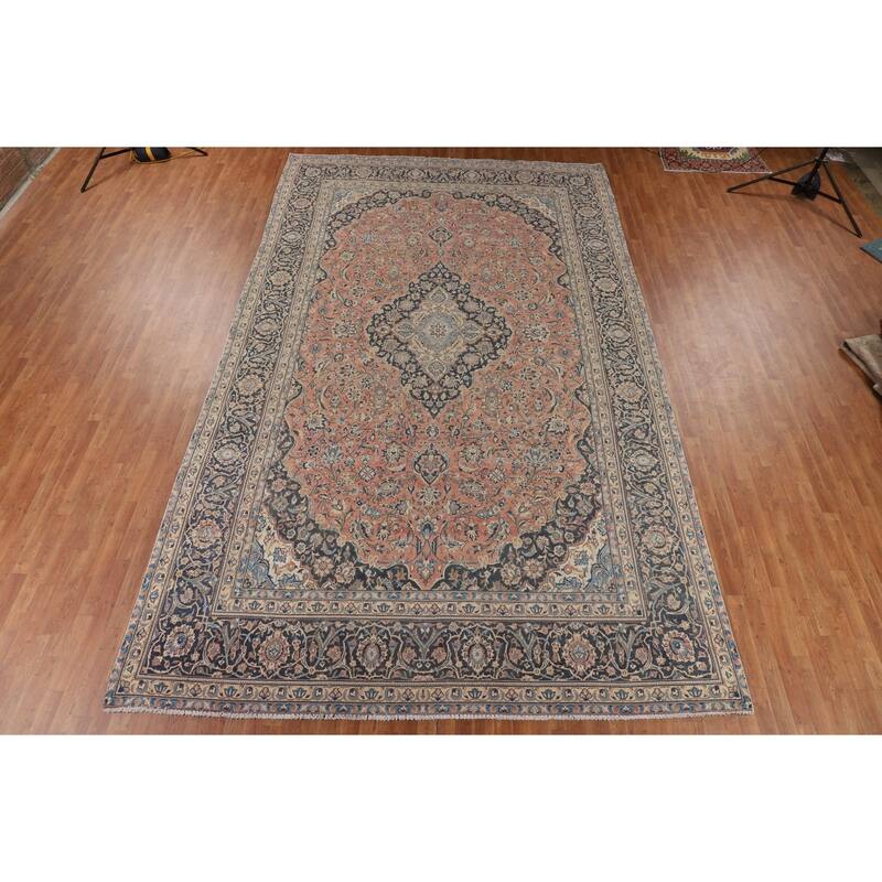 Pink Kashan Persian Large Vintage Area Rug Handmade Wool Carpet - 9'6" x 15'7"
