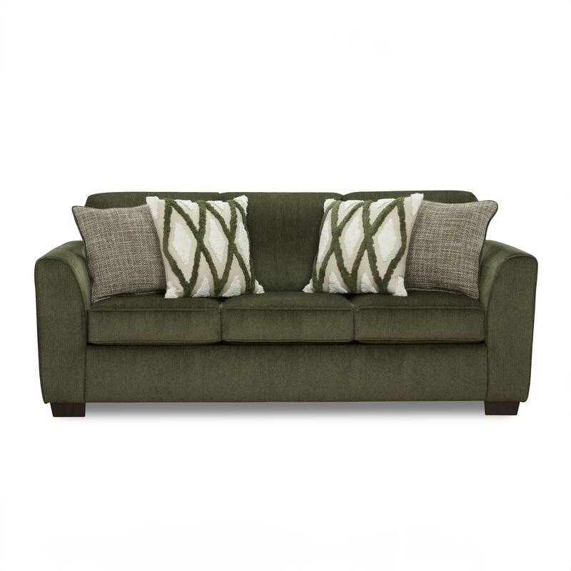 Roundhill Furniture Marvella Living Room Sofa with Mosswood Chenille Upholstery and Textured Accent Pillows - 7'6" x 9'6"