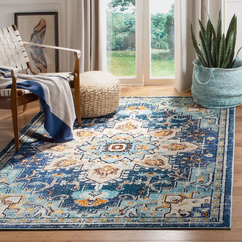 SAFAVIEH Madison Diederike Boho Medallion Distressed Rug - 5'3" x 7'6" - Blue/Light Blue - Rectangle