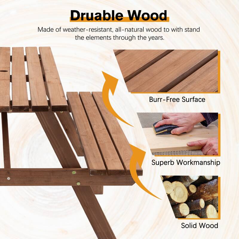 8 Person Wooden Picnic Table - Outdoor Camping Dining Table with 2 Built-in Benches, DIY, 2220 lb Capacity