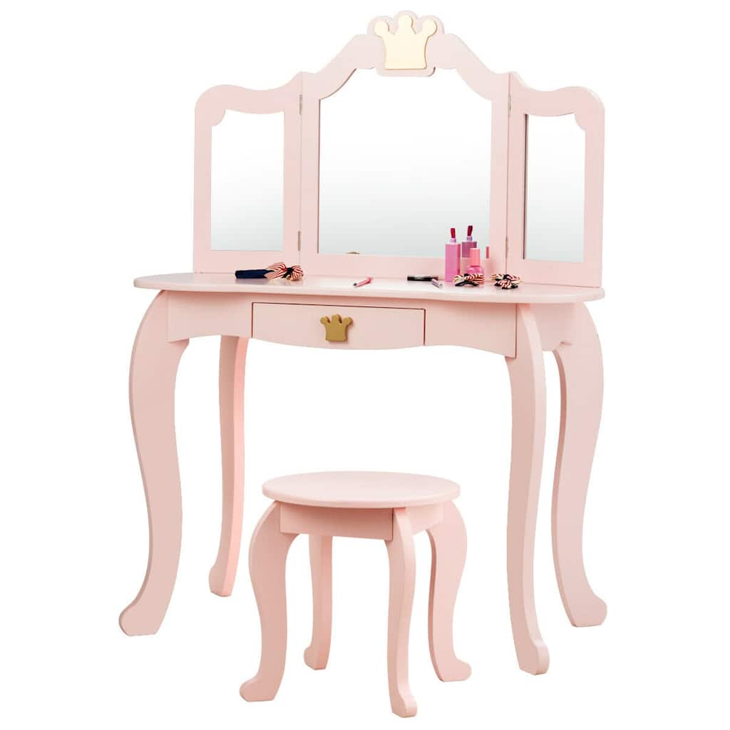 Gymax Kids Makeup Dressing Table Chair Set Princess Vanity & - See Details