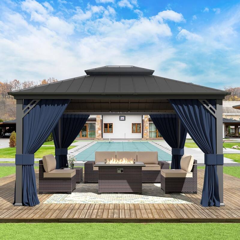 Kullavik Hardtop Gazebo w/ Galvanized Steel Roof & Aluminum Frame, New Outdoor Canopy w/ Mosquito Net & Curtain, Patio Pergola - 12" x 14" - Navy