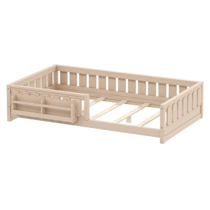 Kid Wood Platform Storage Bed Montessori Toddler Floor Bed Children Daybed with Guardrail and Side Creativity Storage Shelves