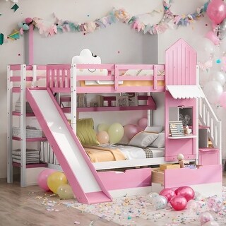 Sturdy Construction & Unique Twin-Over-Twin Castle Style Bunk Bed with 2 Drawers 3 Shelves & Slide,Pink