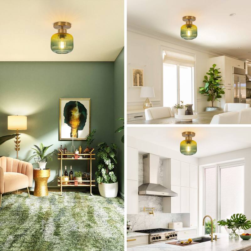 5.9" Wide Vintage Gold Semi Ceiling Light Flush Mount with Green Glass - D 5.9" x H 7.7"