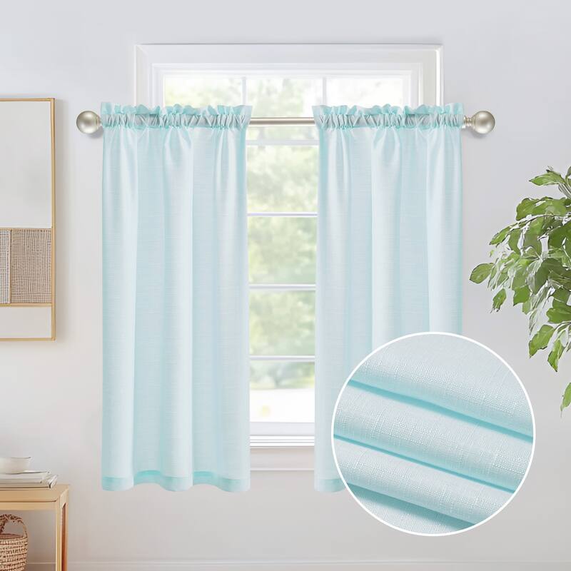 Sheer Cafe Sheer Curtains 2 Panel Set for Kitchen - 26W x 45L - Light Blue