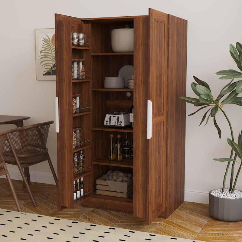 62.99in Kitchen Pantry Cabinet, Walnut Freestanding Buffet Cupboards Sideboard with Doors & Shelves