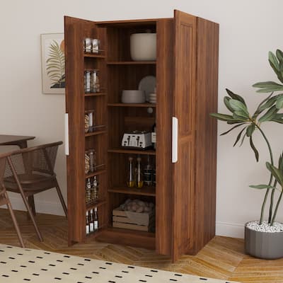 62.99in Kitchen Pantry Cabinet, Walnut Freestanding Buffet Cupboards Sideboard with Doors & Shelves