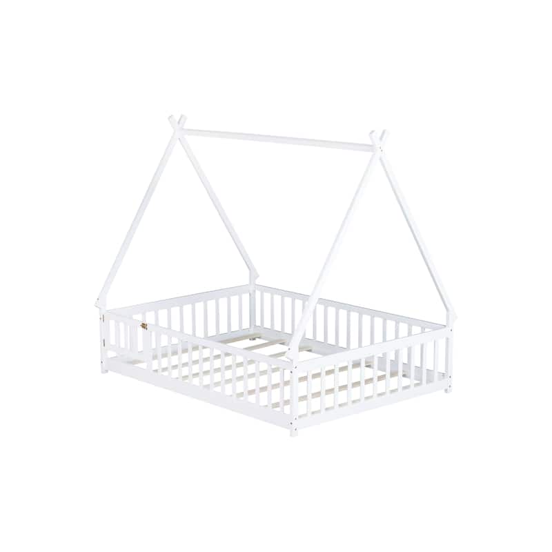 Full Size Rubber Wood Tent-shaped Floor Bed, with Guardrails, Slats and Door