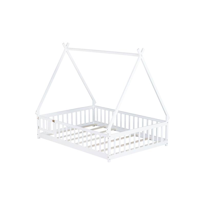 White Full Size Rubber Wood Tent-shaped Floor Bed with Guardrails, Slats and Door
