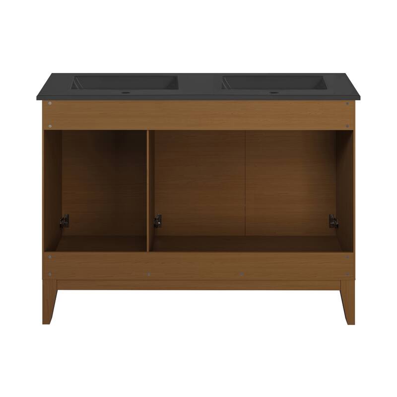 Cascade 48 In. Brown Oak, Double Basin Bathroom Vanity With Black Ceramic Sink Top