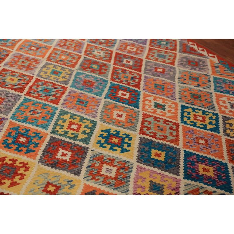 Geometric Kilim Oriental Area Rug Tribal Hand-Woven Wool Carpet - 8'0"x 11'2"