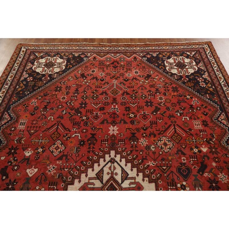 Tribal Red Shiraz Persian Vintage Area Rug Hand-Knotted Wool Carpet - 6'8"x 10'0"