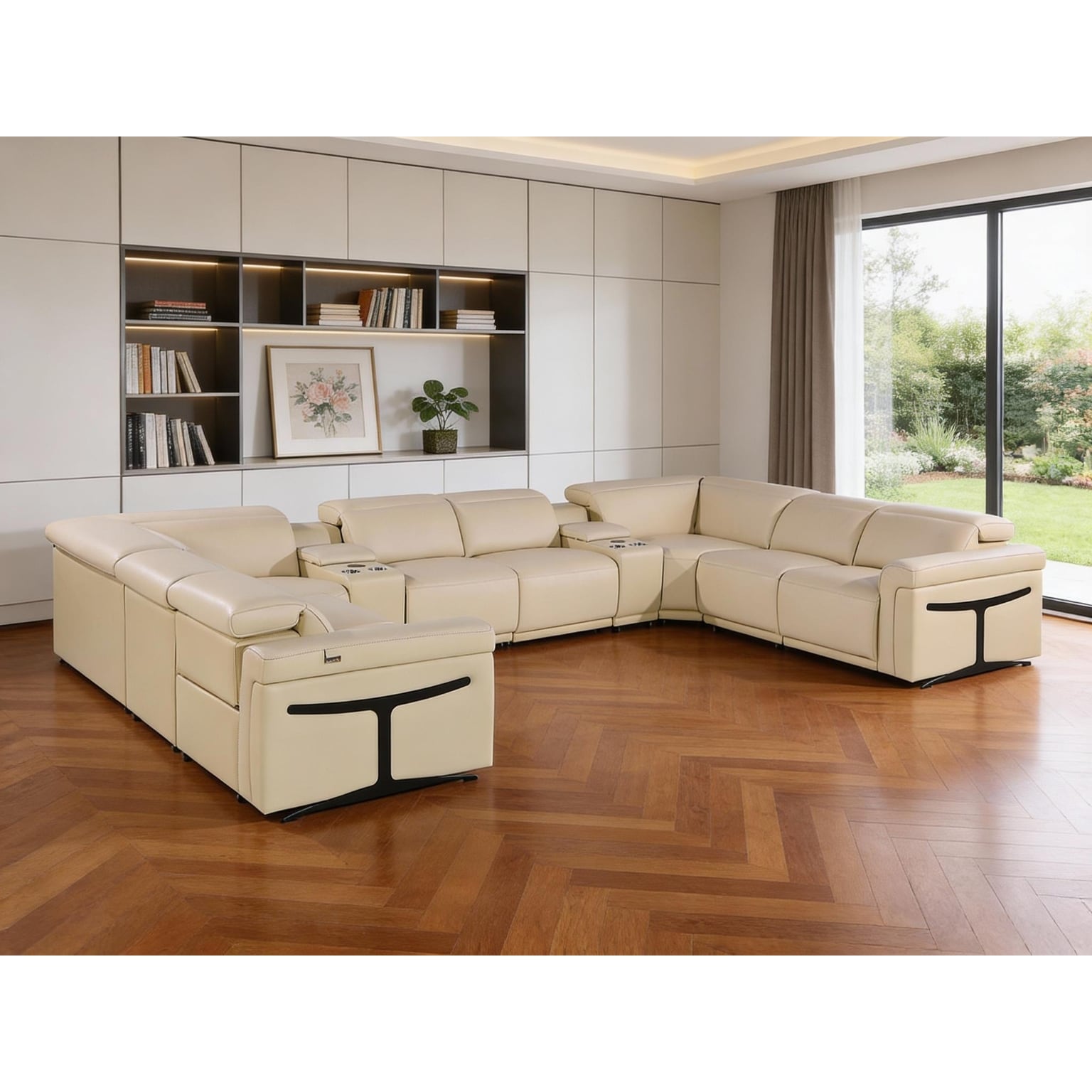 HomeRoots Beige Italian Leather Power Reclining U Shaped Ten Piece Corner Sectional With Console