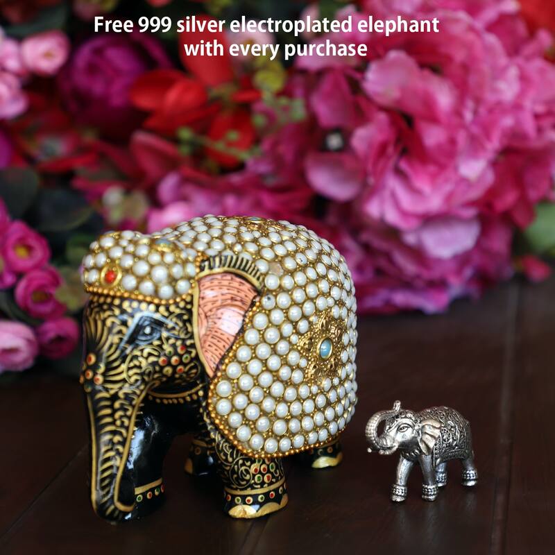 Cottage Handicraft - Handcrafted Pearl Embellished Elephant, Vintage Elephant Wooden Sculpture for Living room Home Decor Gift