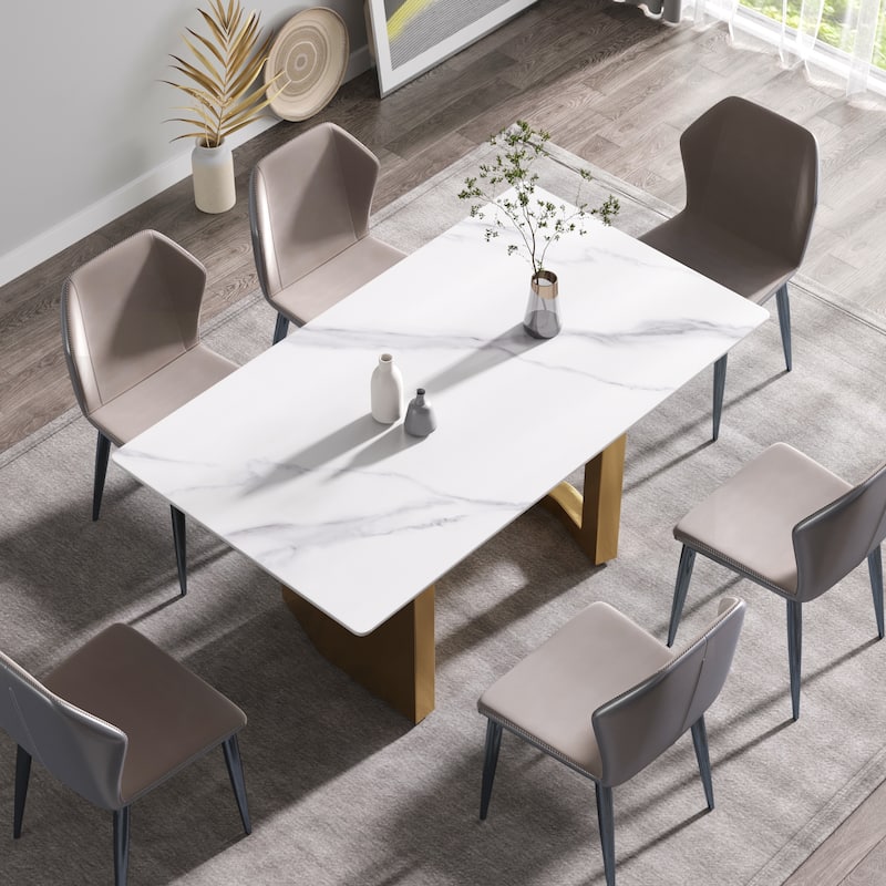 63"Modern artificial stone white straight edge metal leg dining table -6 people